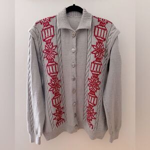 Vintage Handmade Cable Knit Grey & Red Intarsia Lanterns Oversized Cardigan 52